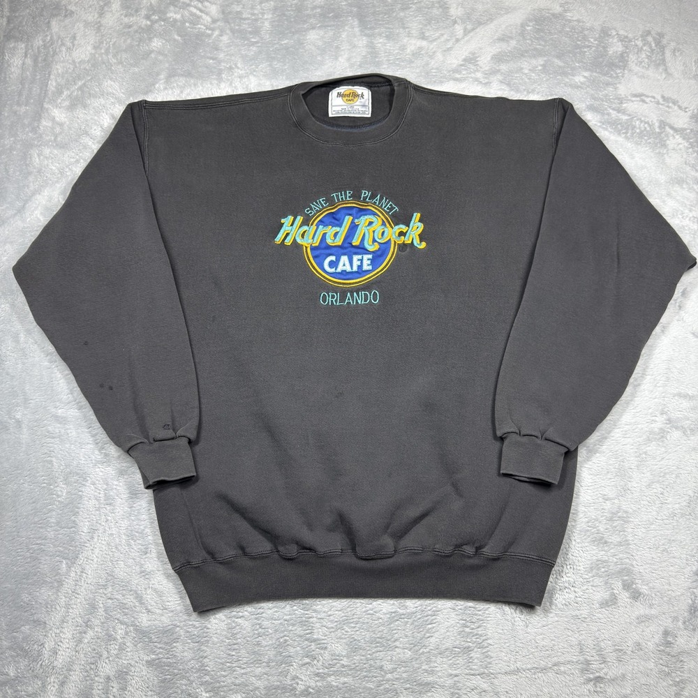 Vintage Hard Rock Cafe Sweatshirt Mens XL Black Embroidered Orlando 90s Distress